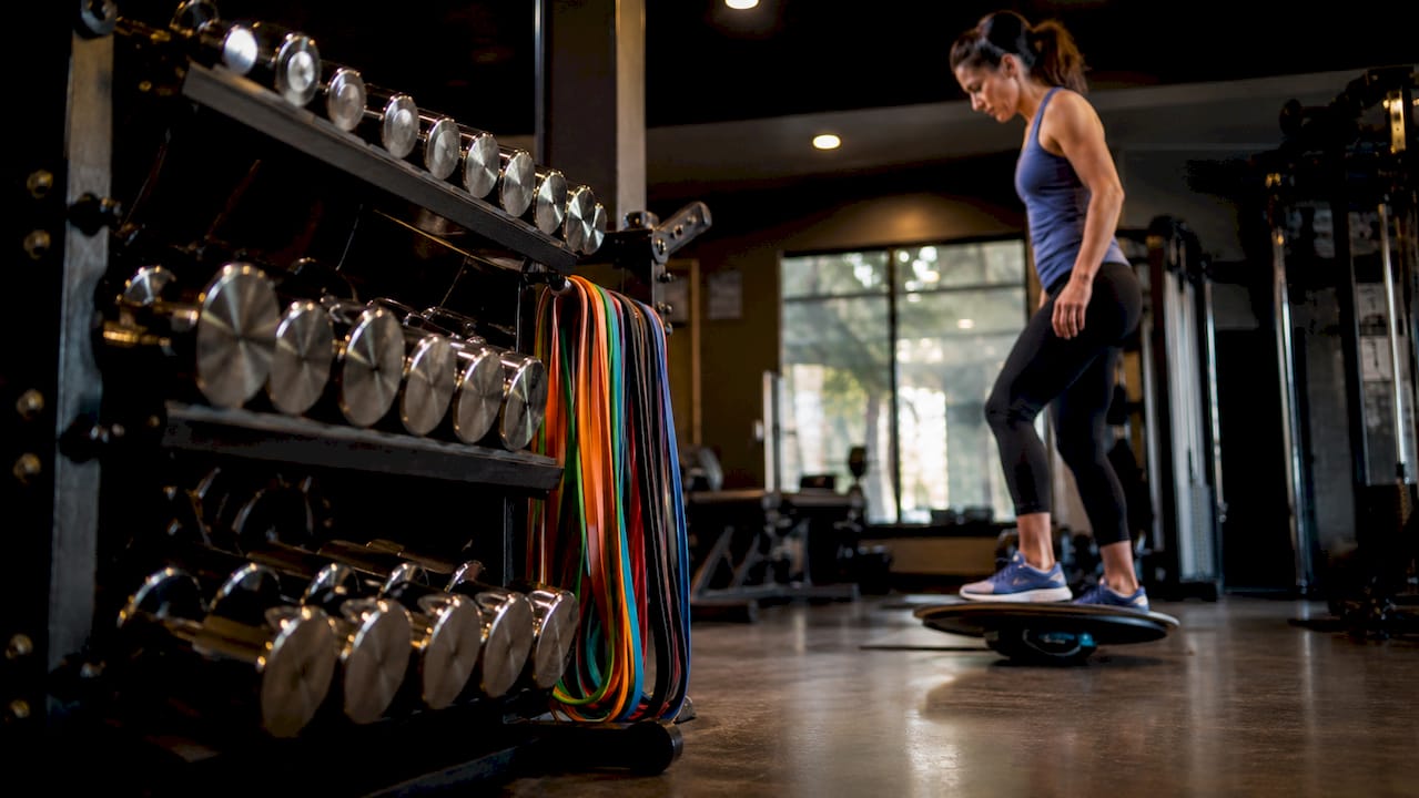 Kettlebells and aerobic step platforms close-up