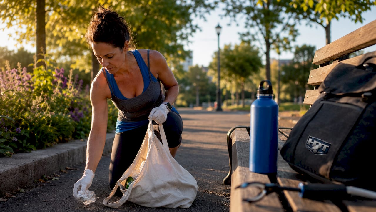 Woman bending down to pick up litter outdoors