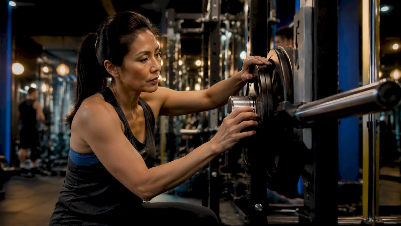 Woman selecting weights in gym side profile