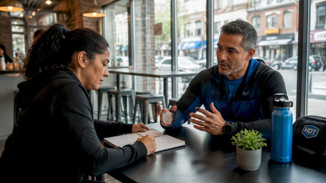 Client consulting Bronx personal trainer in home office