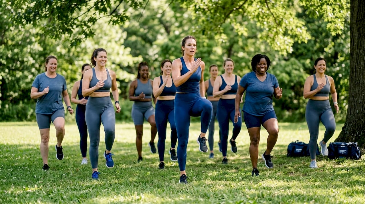 Women 40+ taking a group gym fitness class