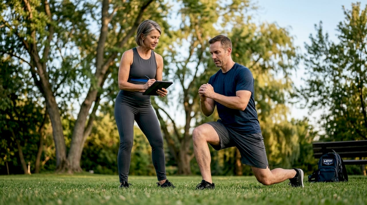 Trainer assessing adult client performing lunge safely
