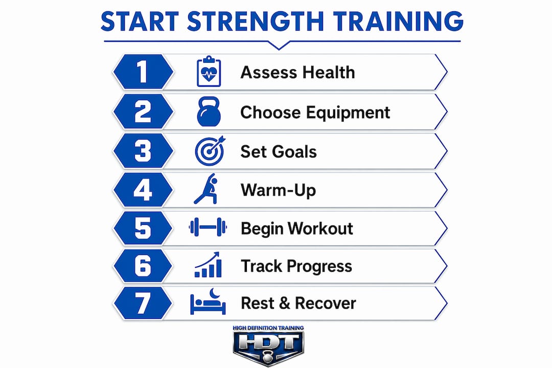 Infographic illustrating beginner steps for strength training