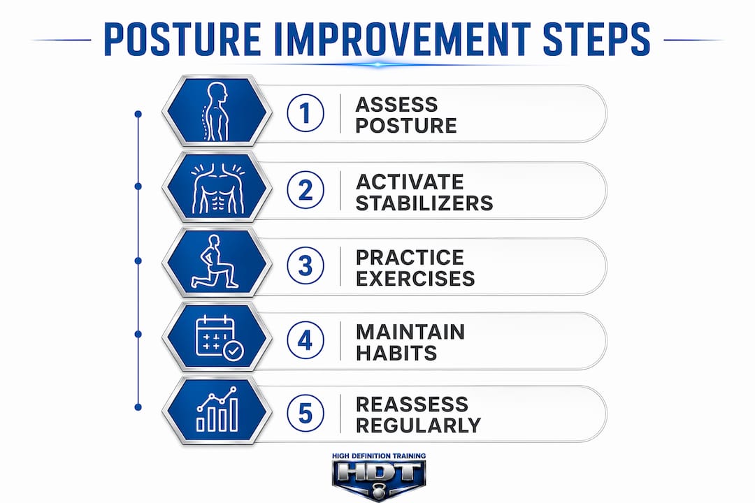 Infographic outlining steps to improve posture for fitness