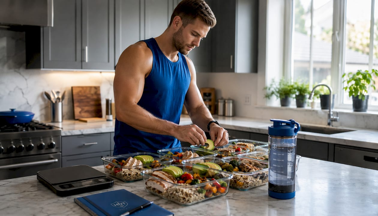 Overhead view of portioned healthy meals and fitness accessories