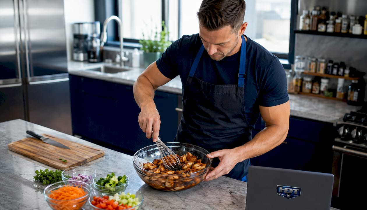Man pouring teriyaki sauce on chicken during meal prep