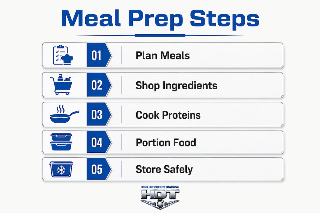 Infographic showing five key meal prep steps vertically