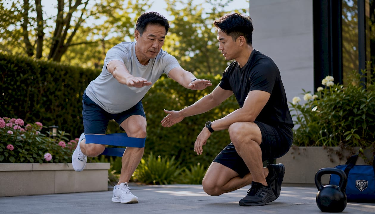 Trainer assisting older man with injury prevention exercise