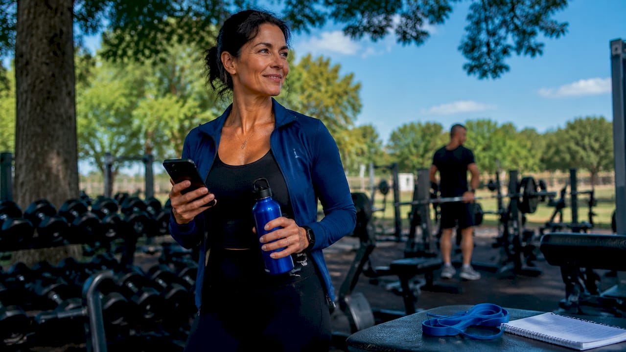 Professional woman in gym checking phone