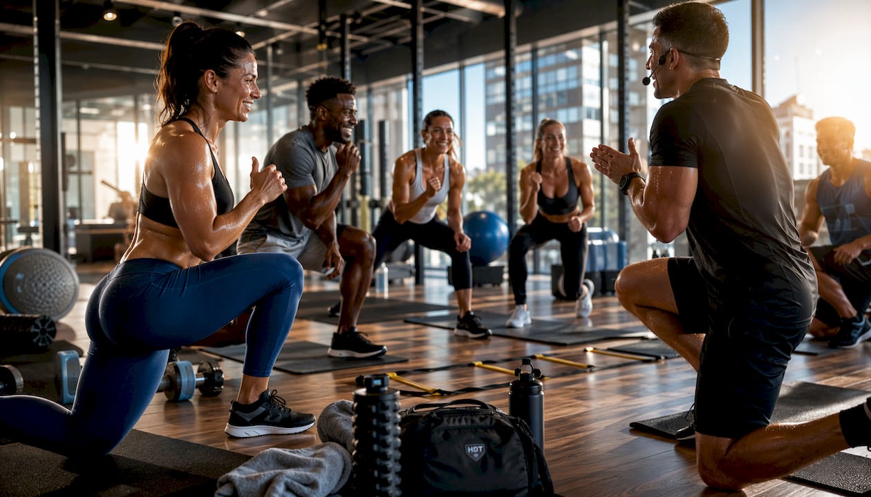Group fitness class motivating each other