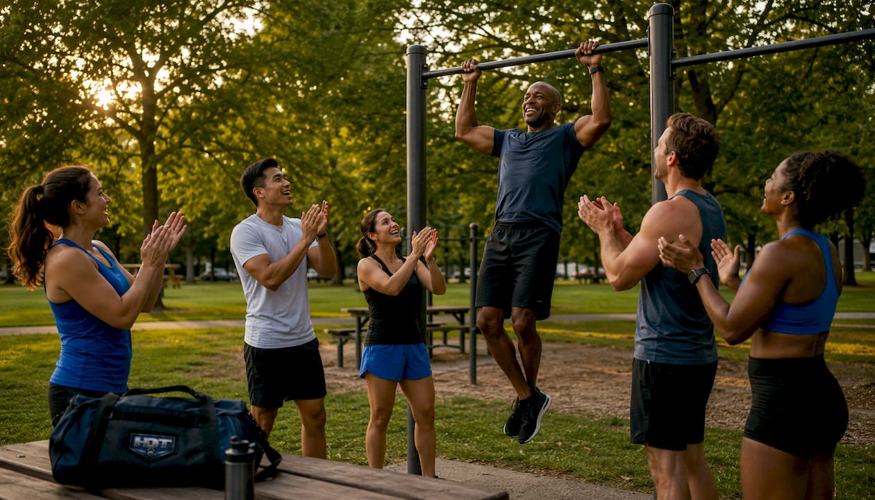 Fitness group celebrating member pull-up achievement