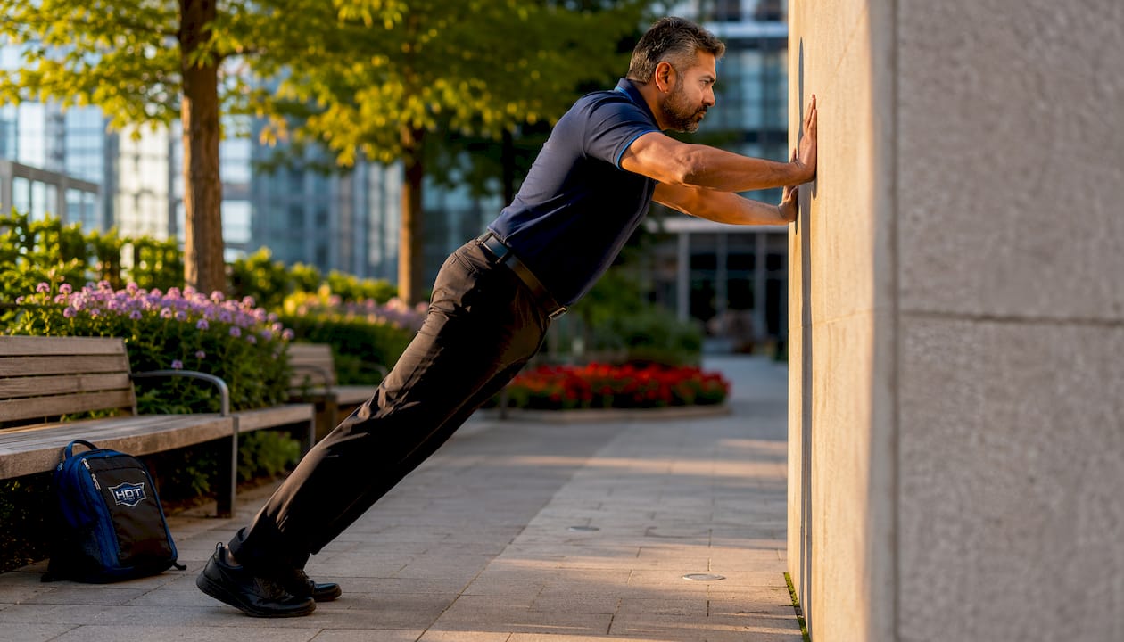 Man doing quick wall push-ups in office