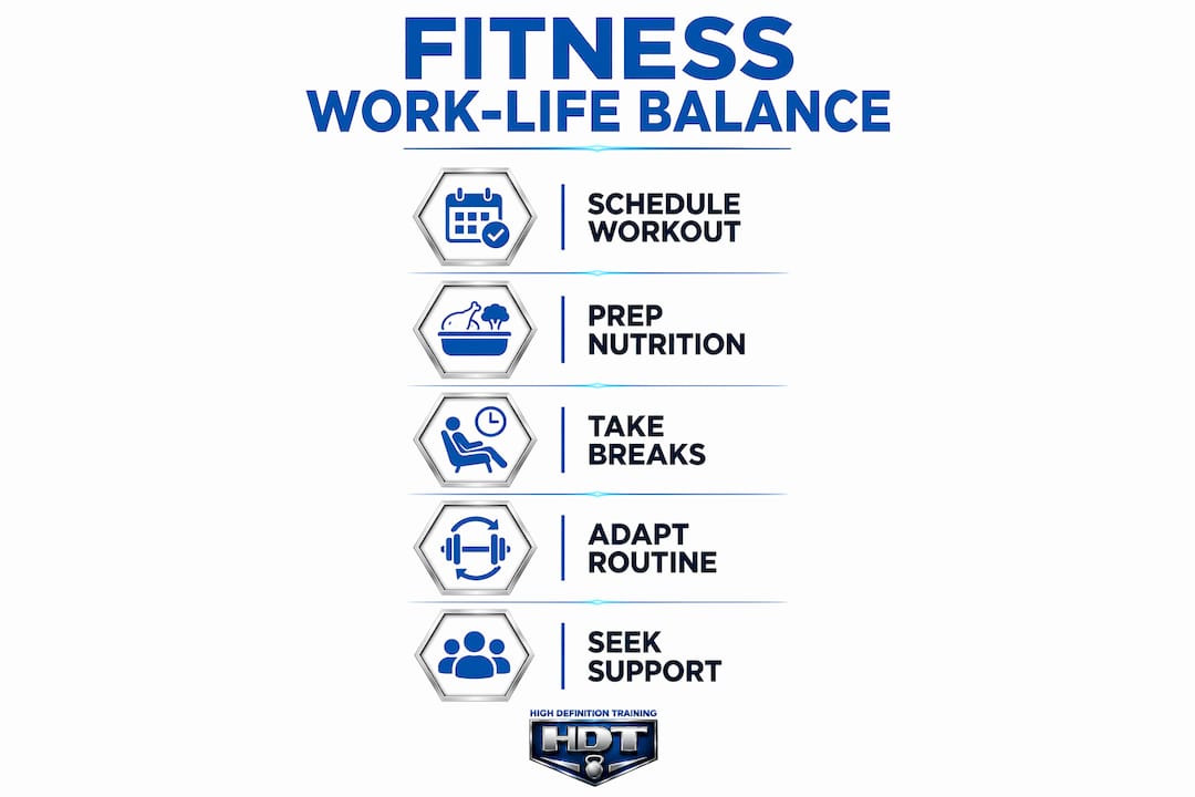 Infographic showing fitness work-life balance steps