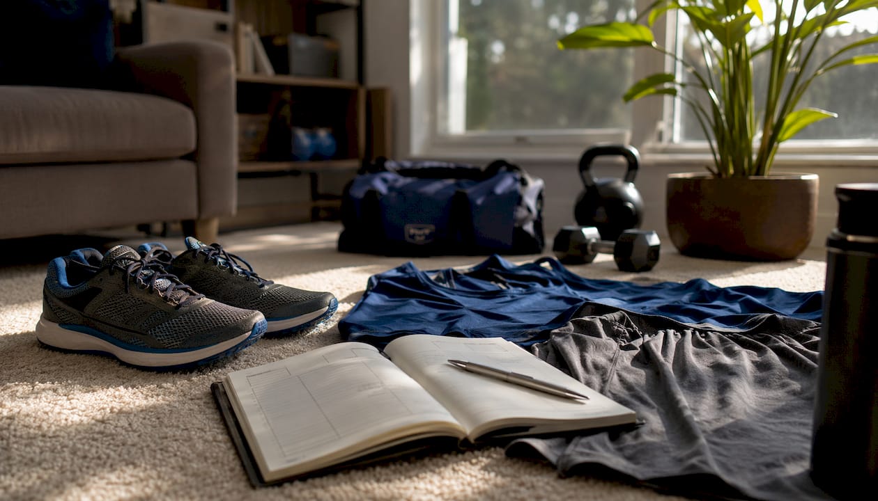 Overhead view of workout clothes and planner