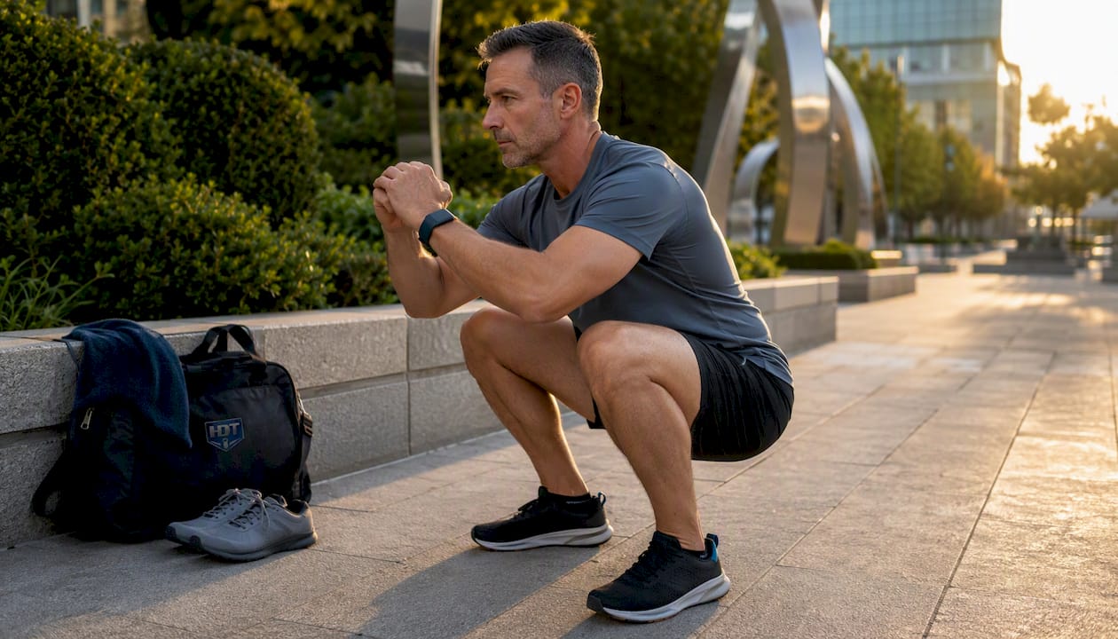 Man performing deep squat outdoors