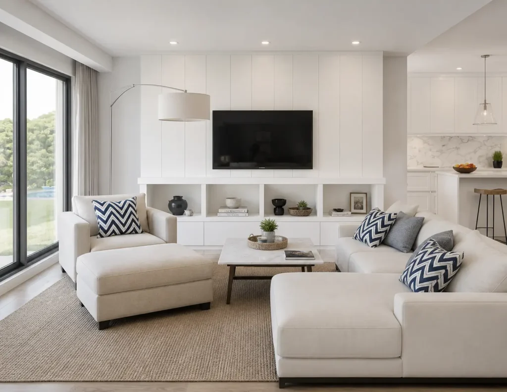 Contemporary white living room with television cabinetry and pale sectional sofas