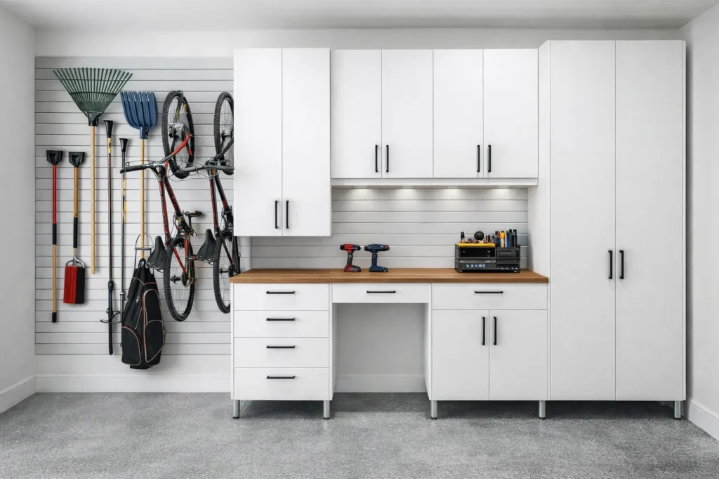 White garage organization wall featuring cabinets, countertop, and mounted bicycles.