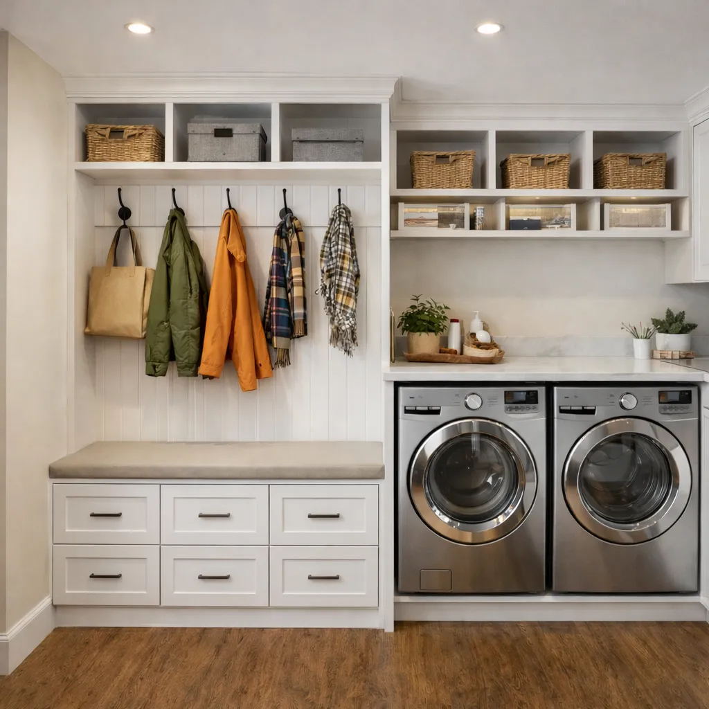 White laundry mudroom with coat hooks, storage cubbies, and washing machines.