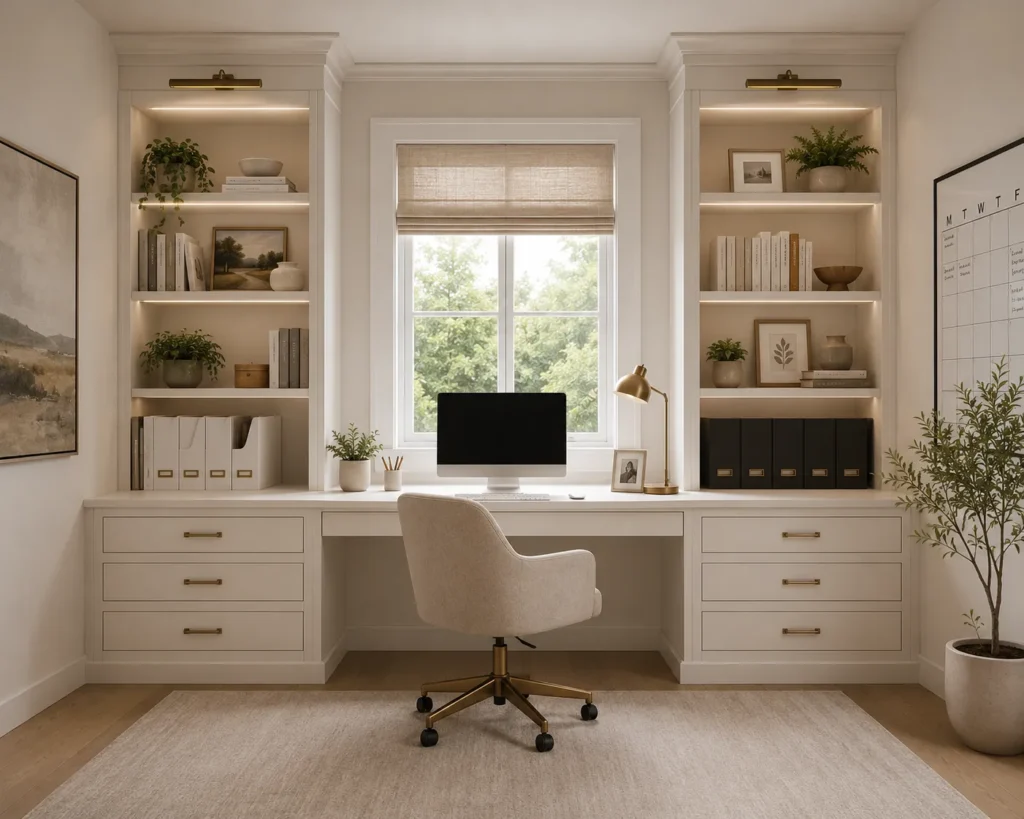 Bright white home office with window desk, built-in cabinets, and shelves.