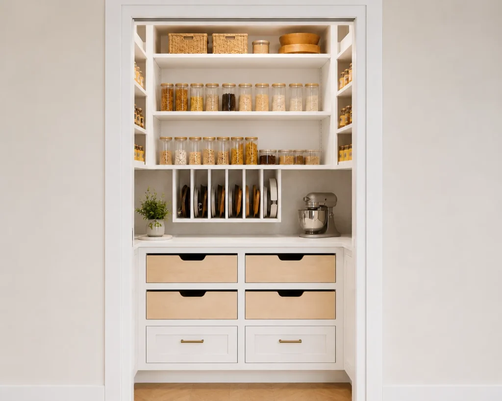 Small white pantry with upper shelves, pullout baskets, and bottle storage.