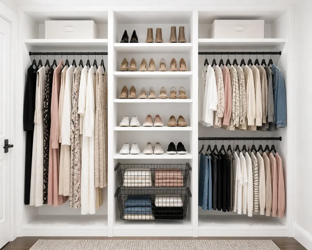 White reach-in closet organizer with hanging clothes, shelves and baskets.