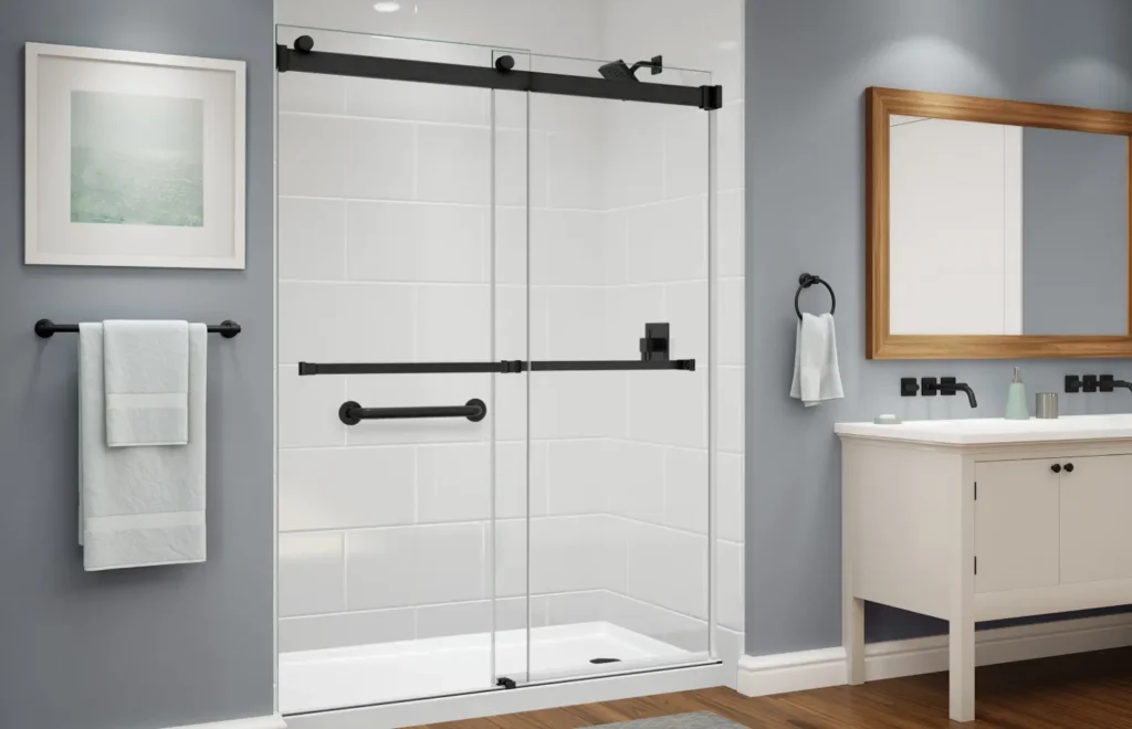 Modern bathroom with sliding barn style shower door vanity and towel rail