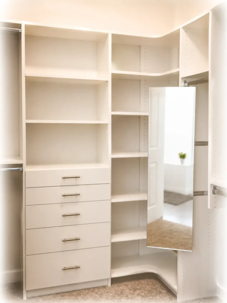 Small white corner closet with open shelving drawers and hanging clothes rod